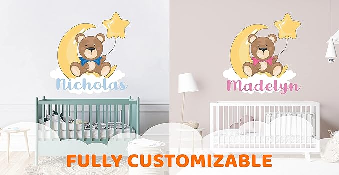 Custom Name Cute Bear Clouds Moon and Star I Wall Decal for Bedroom I Wall Decoration for Baby Room I Wall Stickers for Baby Boy & Girl I Multiple Customization Options