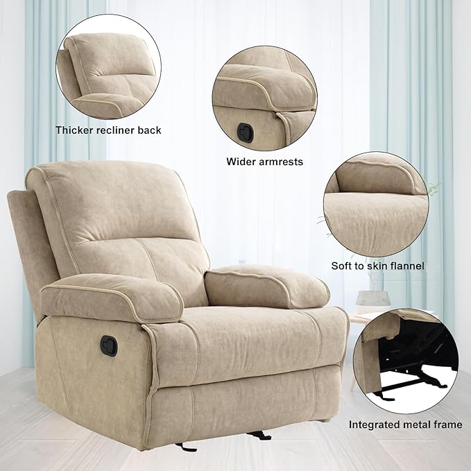 Manual Rocker Recliner Chair for Adults, High Back Glider with Deep Seat, Upholstered Fabric Armchair for Living Room & Nursery, Flaxen