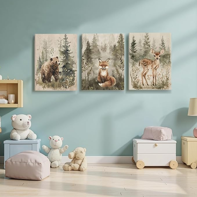 ICHZUMW Woodland Animals Nursery Wall Decor, Nursery Wall Art, Watercolor Bear Fox Deer Painting Print Artwork for Boys Girls Kids Room, Wrapped Canvas, Ready to Hang, 16x24in, Set of 3