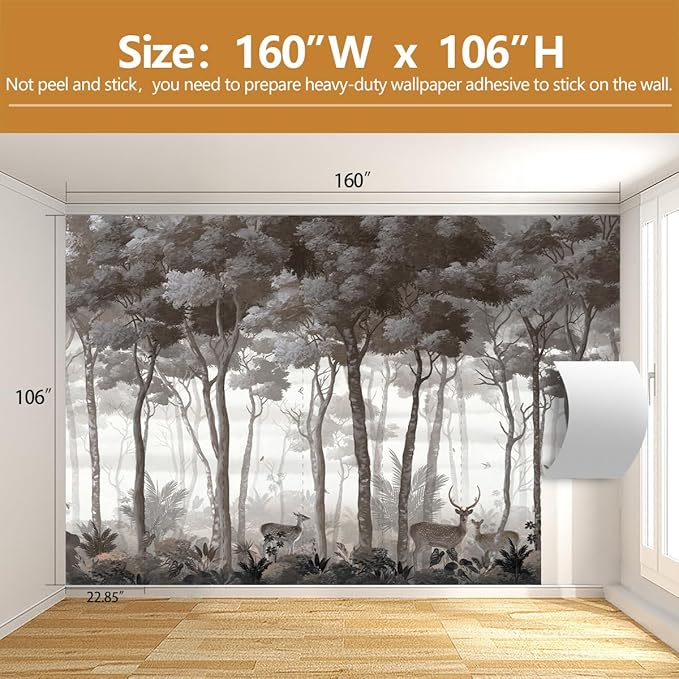 Vintage Forest Wall Mural Dark Trees Animals Wallpaper for Living Room Bedroom（Not Peel and Stick）