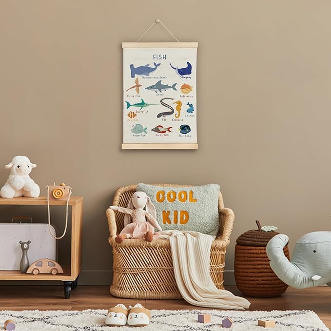 SereneHanctuary Fish Wall Art, Ocean Nursery Wall Decor, Coastal Beach Marine Animal Fish Poster Hanger Frame for Toddler Kids Room Bedroom Nursery Playroom Classroom Decor, 12x16 Inches