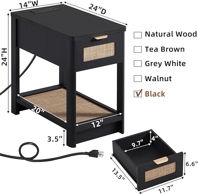 Lerliuo Narrow Night Stand with Charging Station, Boho Nightstand with Drawer, Bed Side End Table with Rattan Shelf for Small Spaces, Wood Nightstands Bedside Tables for Living Room Bedroom
