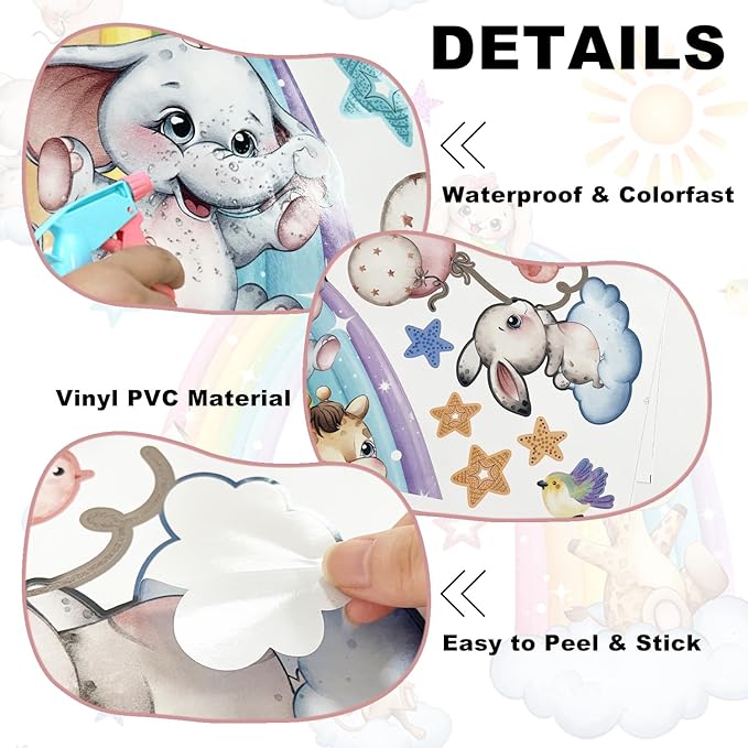 Colorful Rainbow Animals Wall Stickers Vinyl Cute Animal Cloud Wall Decals DIY Removable Decor for Kids Room Nursery Home Classroom Walls (35.43inch x 11.81inch)