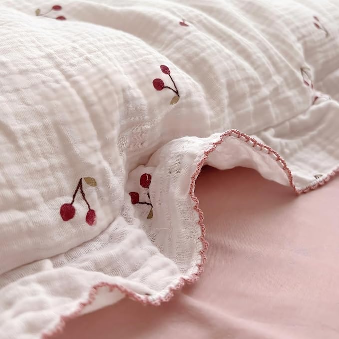 BuLuTu Cotton Muslin Ruffle Edge Kids Toddler Pillowcase Standard,Cherry Pattern Soft Travel Pillow Nursery Pillowcase for Boys,Girls,Bedding Decor Machine Washable, Durable Pillowcase 1 Piece