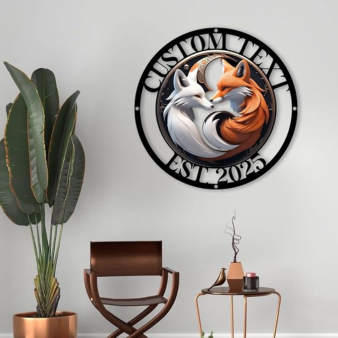 Personalized Fantasy Fox Couple Metal Sign – Mystical White & Orange Foxes Under Moonlight – Custom Name & Est. Date – Enchanted Wall Art for Bedroom, Porch, or Gift
