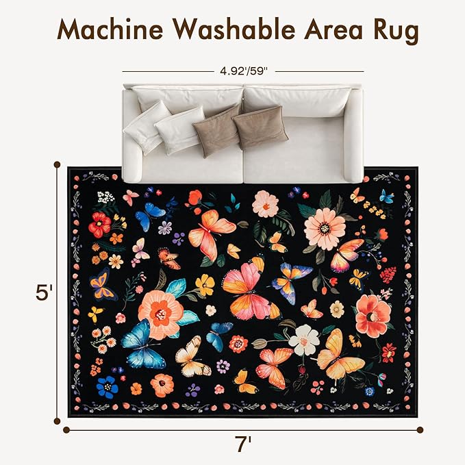 5x7 Machine Washable Area Rug, Non-Slip Vintage Floral Floor Rugs for Kids, Low Pile Room Carpet for Living Room, Bedroom, Dining Room & Nursery(5x7 Black Floral)