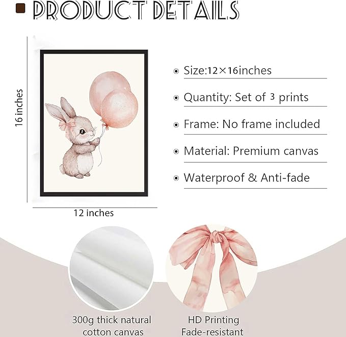 3 Pcs Nursery Bunny Wall art Love Wildflowers Painting Pictures Cute Animal Posters Prints Pink Girl Canvas Wall Decor for Girls and Boys Kids Room Baby Room Decor