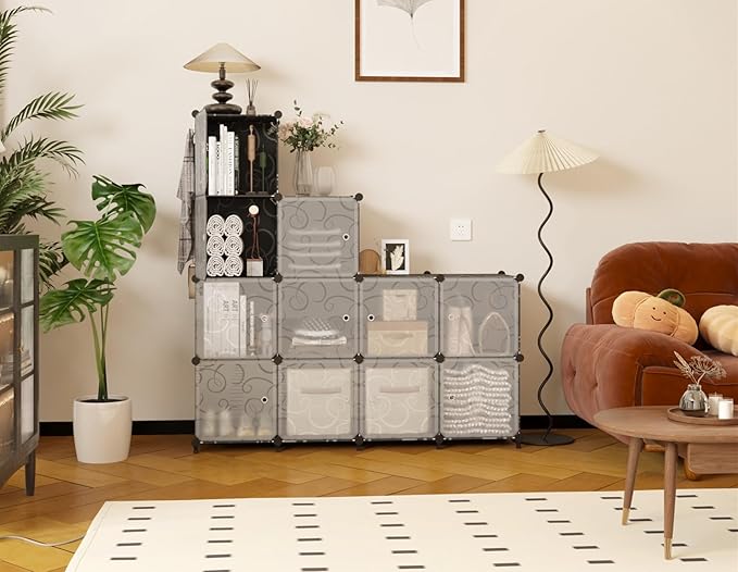AWTATOS 12 Cube Storage Organizer with Doors, DIY Plastic Closet Shelf, Modular Bookshelf, Stackable Shelving Rack for Bedroom, Living Room, Black ULPZ012