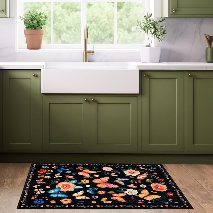 2x3 Machine Washable Area Rug, Non-Slip Small Vintage Floral Entryway Rug for Front Door, Low Pile Indoor Door Mat for Entryway, Bedroom, Dining Room & Kitchen(2x3 Black Floral)