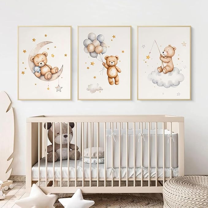 3Pcs Teddy Bear Nursery Wall Art Bear Sleeping on The Moon and Stars Wall Decor Pictures Balloon Cloud Neutral Canvas Poster Prints for Kids Baby Room Kindergarten Home Decoration 12x16in Unframed