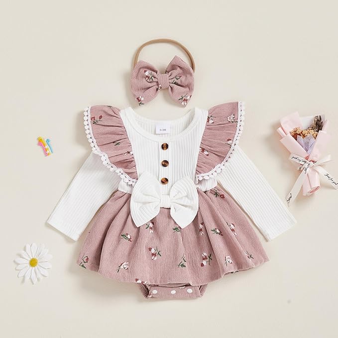 Giraropa Baby Girl Fall Winter Clothes Long Sleeve Romper Dress + Socks + Headband Newborn Infant Cute Casual Outfits