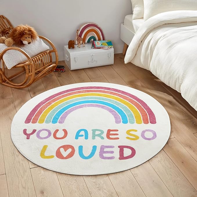 Topotdor Rainbow Round Rug for Bedroom,Colorful Boho Decor Nursery Rug,Ultra Soft Washable Reading Corner Rugs,47" Round