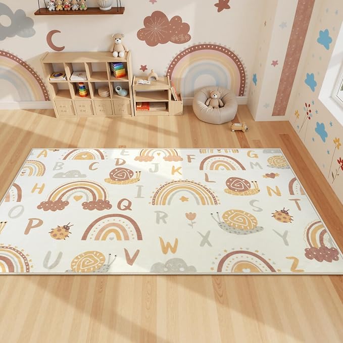 LIVEBOX Soft Kids ABC Rug, Washable Rainbow Rugs for Bedroom, Non Slip Playroom Carpet Cute Alphabet Mat for Preshcool Play Room (Orange,3'x5')