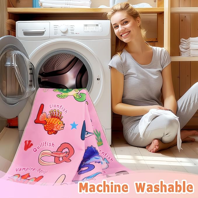 Kids Rug for Playroom, 7x9 Feet Educational Rug for Learn The ABC Alphabet, Soft Machine Washable Non-Slip Cute Marine Organisms Carpet for Classroom Toddler Nursery Kids Room Decor Mat, Pink