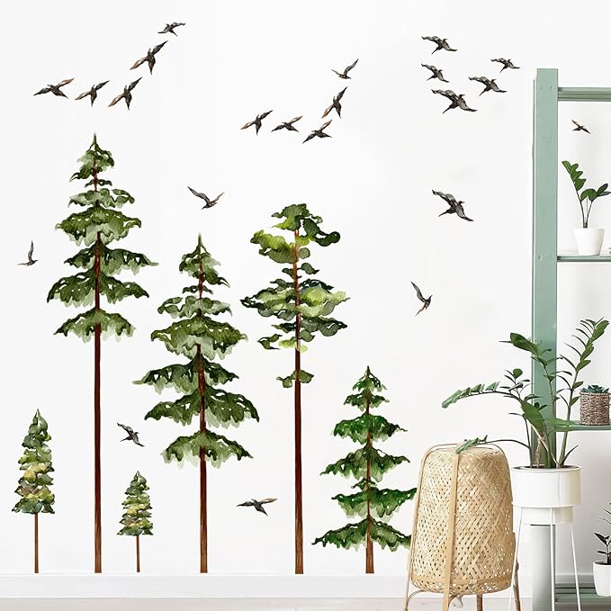 Large Pine Tree Wall Stickers Green Trees Wall Decals Peel and Stick Watercolor Birds Nature Giant Trees Decor Woodland Forest Sticker Green Tree Stickers for Living Room Bedroom Home Decor
