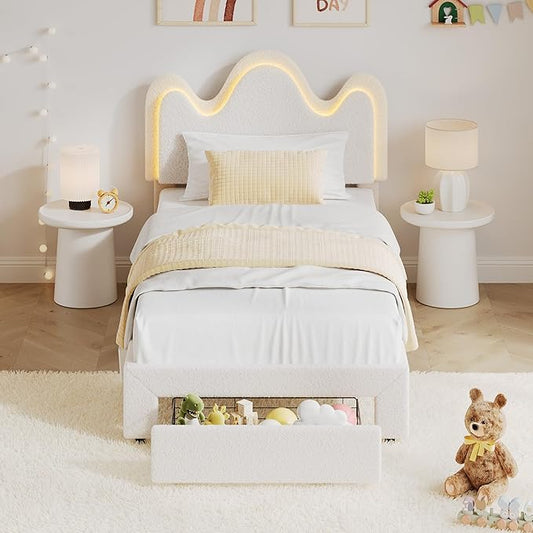 IDEALHOUSE Twin Bed Frame with LED Headboard and Under-Bed Drawer, Metal Upholstered Platform Bed with LED Light for Kids, Girls, Lamb Fleece Fabric, Wooden Slats Support, No Box Spring Needed, White