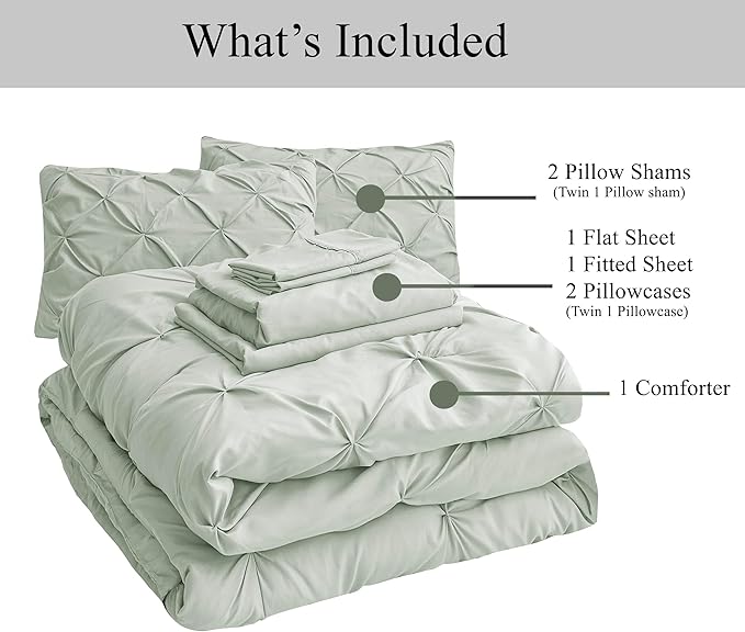 LANE LINEN Queen Comforter Set with Sheets, 7 Piece Set, Pintuck Comforter, Soft Bed Set, Bedding Comforter Sets, In-Bag Set - Mineral