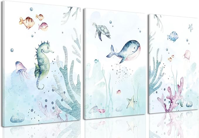 Wodkwq Ocean Nursery Decor, Set of 3 Boys Room Sea Animal Wall Art Picture Canvas Prints, 12x16 Inch Framed