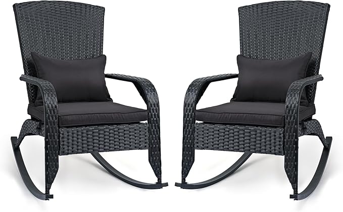 Outdoor Rocking Chair Set of 2- Outdoor Rattan Rocker Chair with Heavy-Duty Steel Frame- All Weather Rocker Chair for Garden, Porch, Poolside, Backyard (Black, 320lbs)