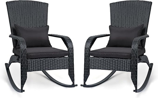 Outdoor Rocking Chair Set of 2- Outdoor Rattan Rocker Chair with Heavy-Duty Steel Frame- All Weather Rocker Chair for Garden, Porch, Poolside, Backyard (Black, 320lbs)