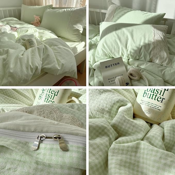 LifeTB Green Gingham Duvet Cover Full 3 Pieces Romantic Lace Duvet Cover Soft Washed Microfiber Green Grid Plaid Comforter Cover with 2 Pillowcases Farmhouse Checkered Gingham Bedding Set