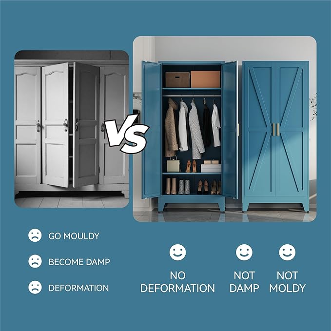 Metal armoire Wardrobe Closet with Hanging Rod,71'' Metal Wardrobe Cabinet with 2 Doors and 2 Adjustable Shelves, Bedroom armoires,Laundry Room cabinets,armario de ropa Closet