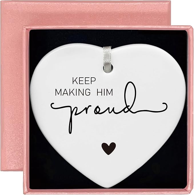 Heart Shaped Christmas Ornament-Keep Making Him Proud-Bereavement Sympathy Gift for Loss of Dad Grandpa Memorial Remembrance Keepsake Anniversary of Passing Thinking of You Ceramic Ornament
