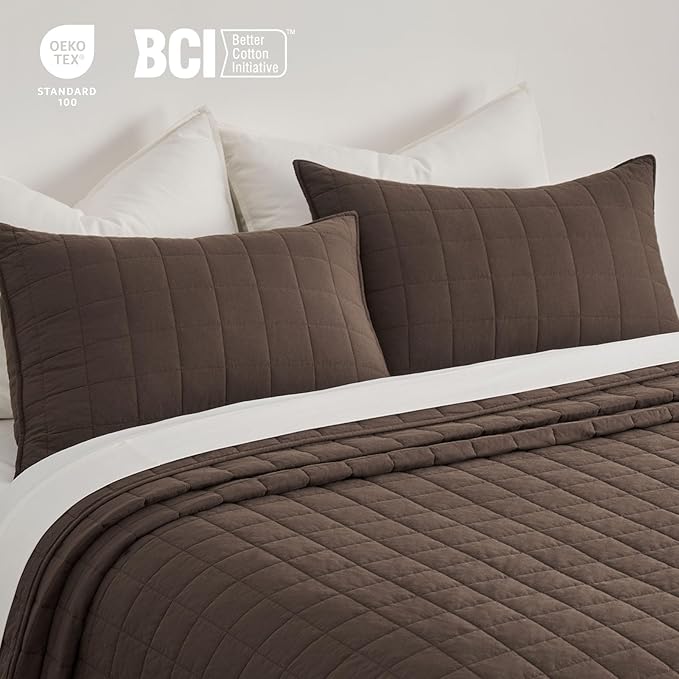 EVERGRACEHOME 100% Cotton Box Stitch Quilt Bedding Set Queen Size 3 Pieces, Garment-Washed Lightweight Soft Cozy Coverlet, Quilted Bedspread Sets with 2 Shams for All Season, Cocoa Brown