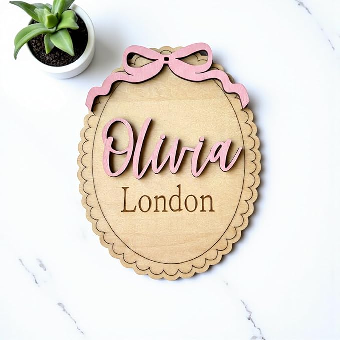 Personalized Baby Name Announcement Sign with Bow, Custom Wooden Name, Scalloped Edge Newborn Photo Prop & Nursery Keepsake (Name Sign)