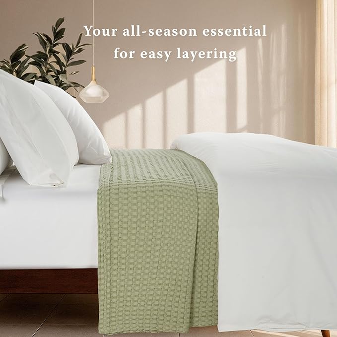 Threadmill Cooling Cotton Waffle Queen Size Blanket | Breathable, Lightweight & Ultra-Soft |Made from Rayon Derived from Bamboo | Cooling Throw Blanket for Couch and Sofa|90 x 92 Inches | Sage Green