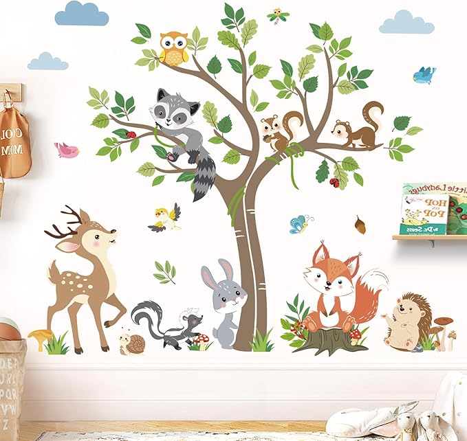 decalmile Woodland Animals Tree Wall Decals Forest Animals Deer Fox Rabbit Racoon Wall Stickers Living Room Baby Nursery Kids Room Wall Decor
