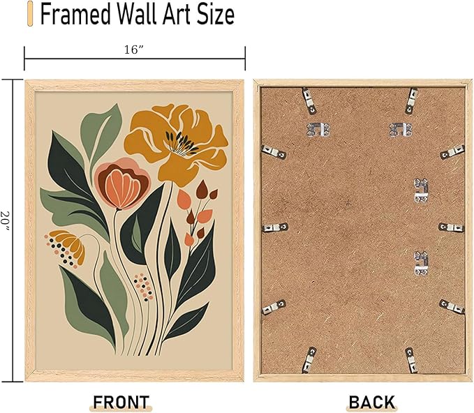 CHMMART Boho Floral Framed Wall Art Flower Canvas Art Prints Set of 3 Mid Century Modern Pictures Wall Decor Botanical Painting Artwork for Living Room Bedroom Office 16x20in