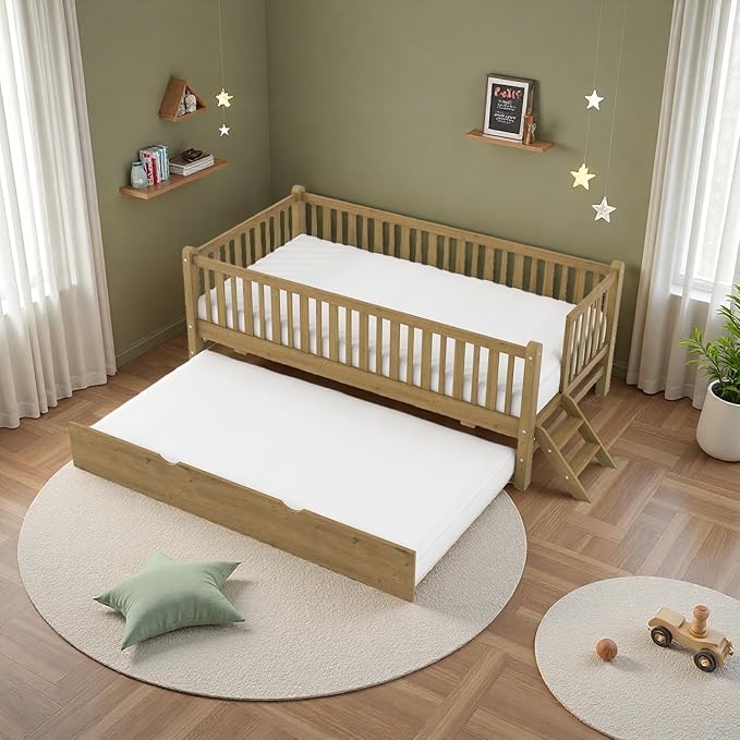 LUMISOL Twin Size Low Platform Bed Frame with Trundle, Wood Floor Bed with Ladder & Fence Guardrail for Kids Teens Girls Boys, No Box Spring Needed, Walnut