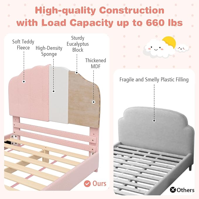 Costzon Twin Bed Frames with Adjustable Headboard, 660 LBS Weight Capacity Upholstered Wooden Kids Bed w/Slats Support, No Box Spring Needed, Easy Assembly, Twin Platform Bed Frame (Pink Shell)