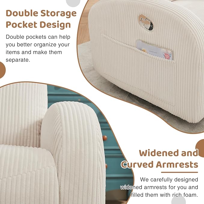 Swivel Recliner Rocker Nursery, Nursering Glider Recliner, Manual Swivel Rocking Reclining with Double Pockets for Living Room, Corduroy Cream White