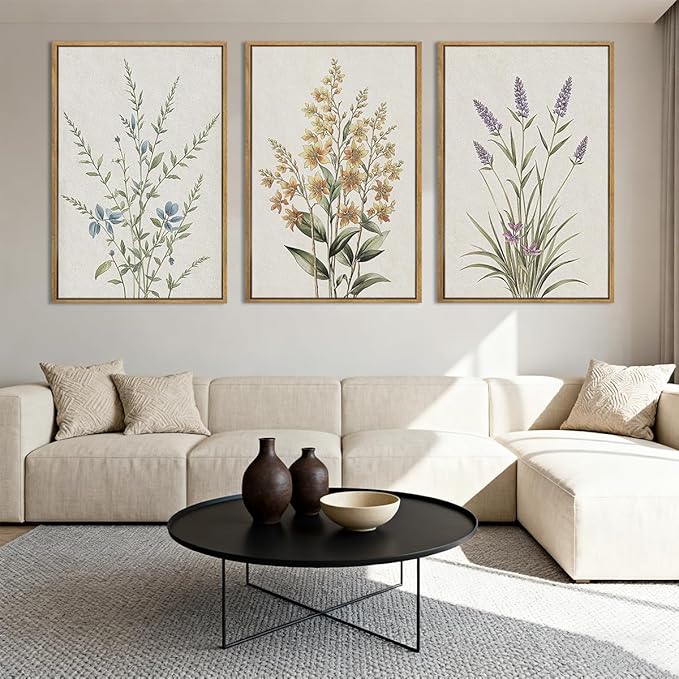 Anyzal Framed Minimalist Botanical Wall Art Large Neutral Floral Art Prints Modern Beige Wildflower Wall Decor for Living Room Bedroom Dining Room Office 16x24x3