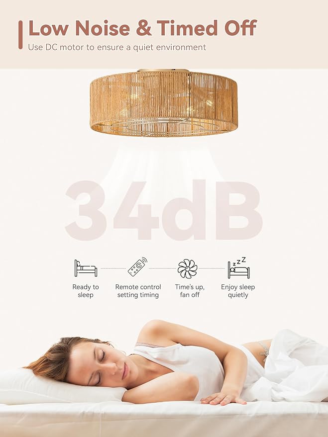 Ceiling Fans with Lights, 20" Boho Ceiling Fan with Light Flush Mount, Drum Rattan Low Profile with 6 Speeds, Remote Control for Bedroom, Nursery, Living Room (Yellow)