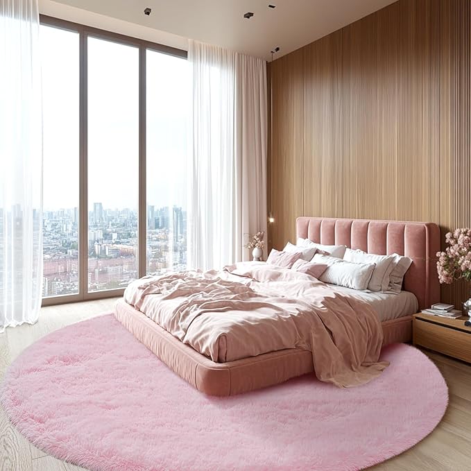 Round Area Rug for Living Room: Pink Shag Rugs for Living Room- 8x8 Feet Large Fluffy Round Rugs- Shag Shaggy Pink Rugs Soft Plush Indoor Carpets for Bedroom, Nursery, 8ft