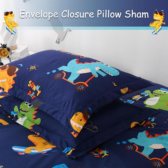 JSD Sports Dinosaur Kids Duvet Cover Set Full Size, 3 Piece Cute Printed Microfiber Comforter Cover with Pillow Shams Zipper Closure, Comforter Not Included