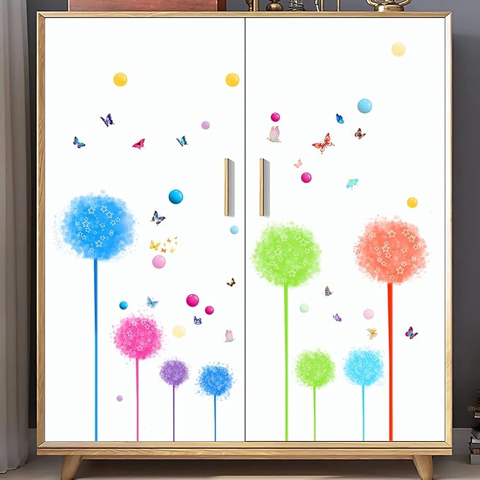 2 Set Dandelion Wildflower Wall Decals Art, Wall Art Stickers Peel and Stick Floral Butterflies Flying Decor for Girls Kids Women Baby Nursery Room Bedroom Bathroom Sofa Backdrop TV(Colorful)