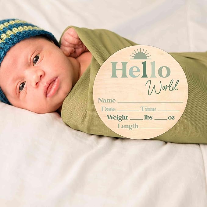 Hello World Newborn Sign - Baby Name Birth Announcement Plaque for Hospital - Photo Prop - Green Nursery Decor - Shower Gift