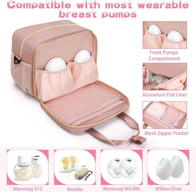 Wearable Breast Pump Bag, Breast Milk Cooler Bags with Insulated Compartment, Pumping Bag Compatible with Momcozy, Medela and Elvie Pumps, Pump Carrying Case for Work Travel Camping, Pink
