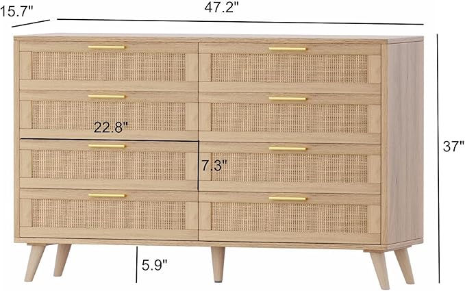 Rovaurx 8 Drawer Double Dresser for Bedroom, Rattan Chest of Dressers, Modern Wooden Dresser Chest with Golden Handles, Beside Table for Closet, Living Room and Entryway, Natural