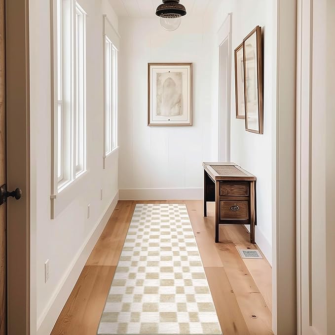 EverGrace Checkered Plaid Area Rug, Soft Fuzzy Faux Wool, 2x8, Washable Anti Slip Long Runner Carpet for Entryway, Bedroom, Living Room, Hallway, Kitchen, Dining Room and Laundry, Beige
