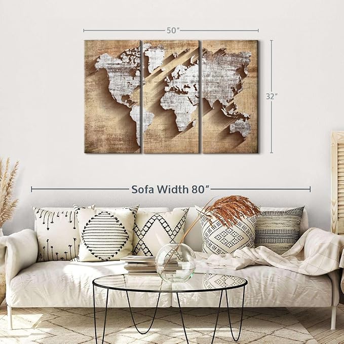 ElephantStock Dimensional World Map II Multi Piece Canvas - 3 Piece Canvas World Map Wall Decor - Wall Decor, Ready-to-Hang Print - Vintage Wall Art - 50" X 32"