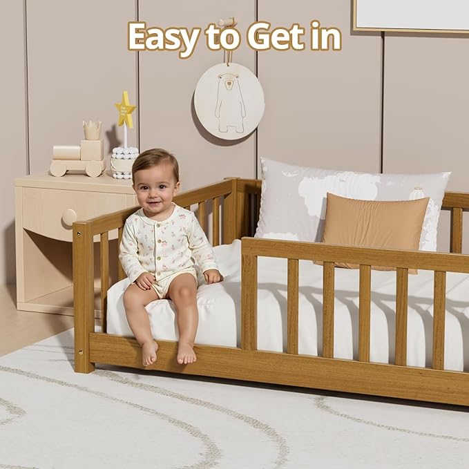 LLS Full Floor Bed for Kids Toddlers, Solid Wood Multifunctional Montessori Bed Frame with Safety Guardrails, Without Door, Easy Assemble,Light Espresso