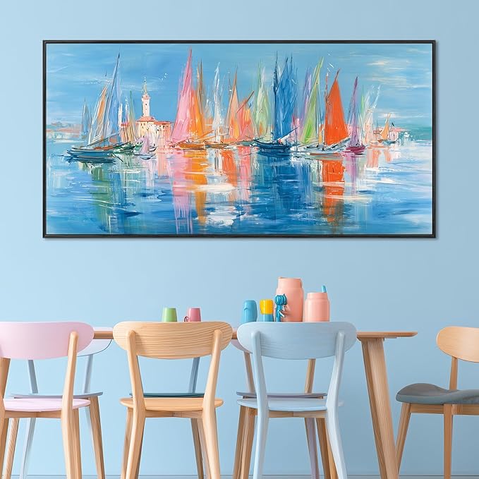 Large Framed Nautical Wall Art, Living Room Modern Coastal Wall Decor, Abstract Sailboats Seascape Paintings, Canvas Prints, Colorful Venice Coastal Scene Seaside Bedroom Bathroom Artwork, 23x46inch