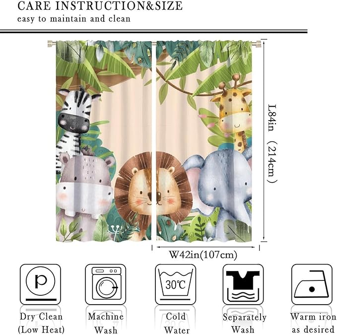 Jungle Animals Curtains Colorful Forest Cartoon Wildlife Lion Giraffe Elephant for Kids Boys Girls Nursery Bedroom Living Room Blackout Rod Pocket Decoration Window Drapes 2 Panels W42xL84in