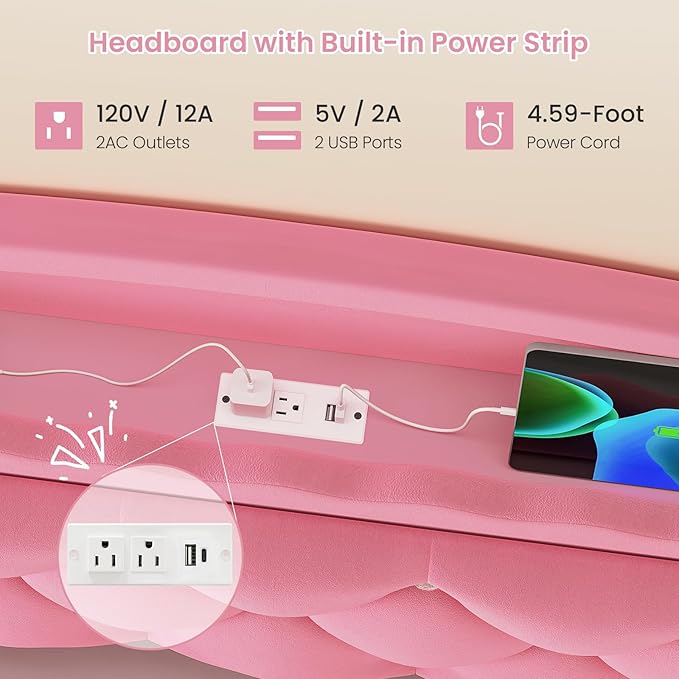 DICTAC Full Size Bed Frame for Girls with 4 Storage Drawers, Bookcase Headboard, LED Lights and Power Outlets, Diamond Tufted Velvet Upholstered Princess Platform Bed, Heavy-Duty Metal Support, Pink