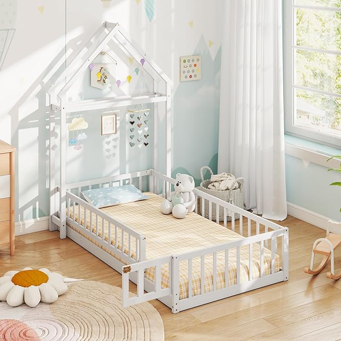MAT EXPERT Twin Floor Bed with House-Shaped Headboard, Montessori Kids Bed with Detachable Clothes Hanger, Full Length Safety Guardrails, Solid Wood Twin Bed Frames for Kids (White)